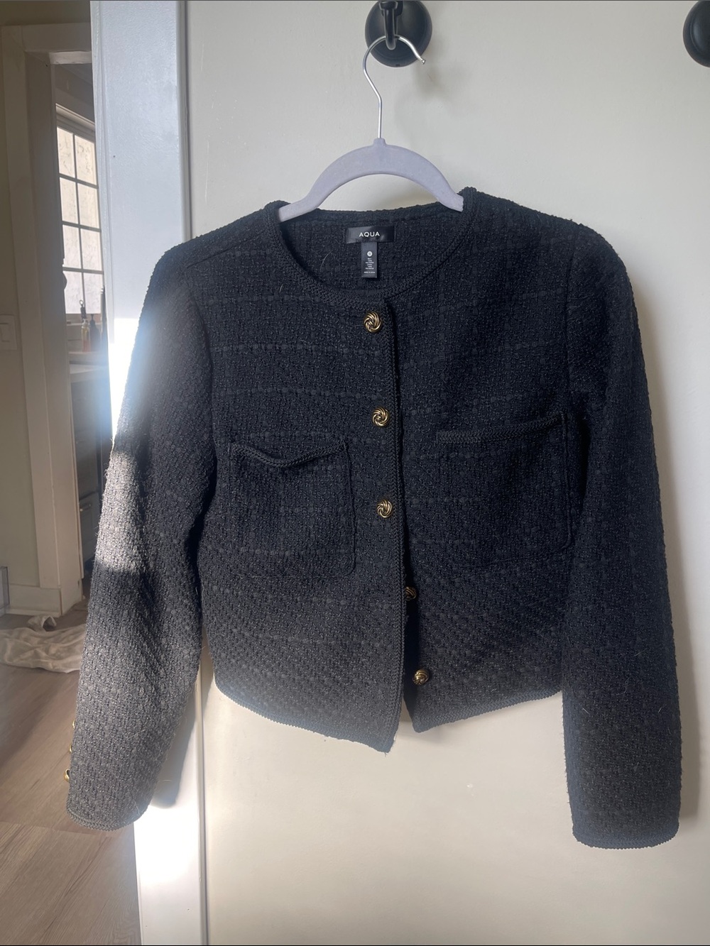 AQUA Black Bouclé Cropped Jacket with Gold Buttons - Like New